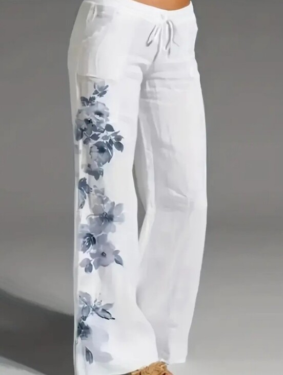Pants - White Linen Wide-Leg Pants with Blue Floral Print